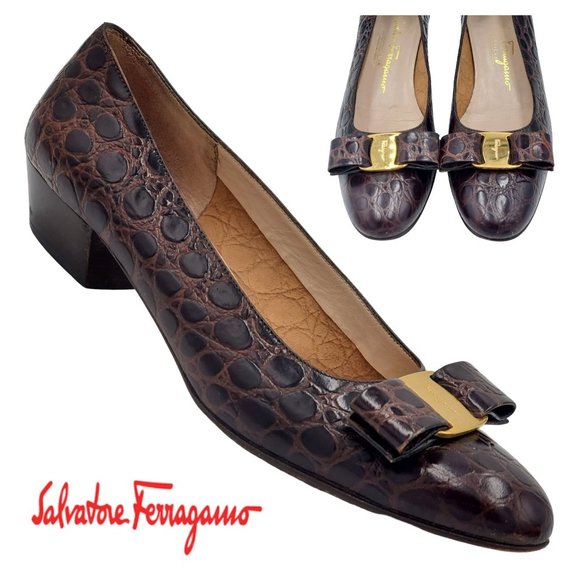 Salvatore Ferragamo Shoes - Salvatore Ferragamo Women 8 Brown Crocodile Embossed Leather Dress Vara Bow Heel